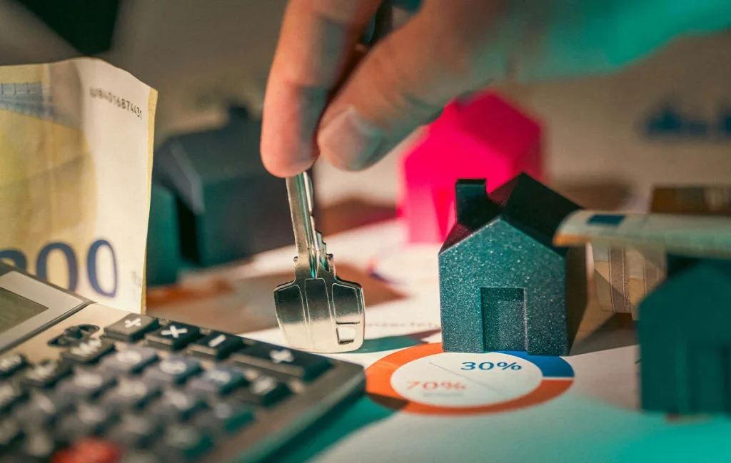 Non owner sr22 insurance Texas cost calculation with house model, car key, and financial planning documents.