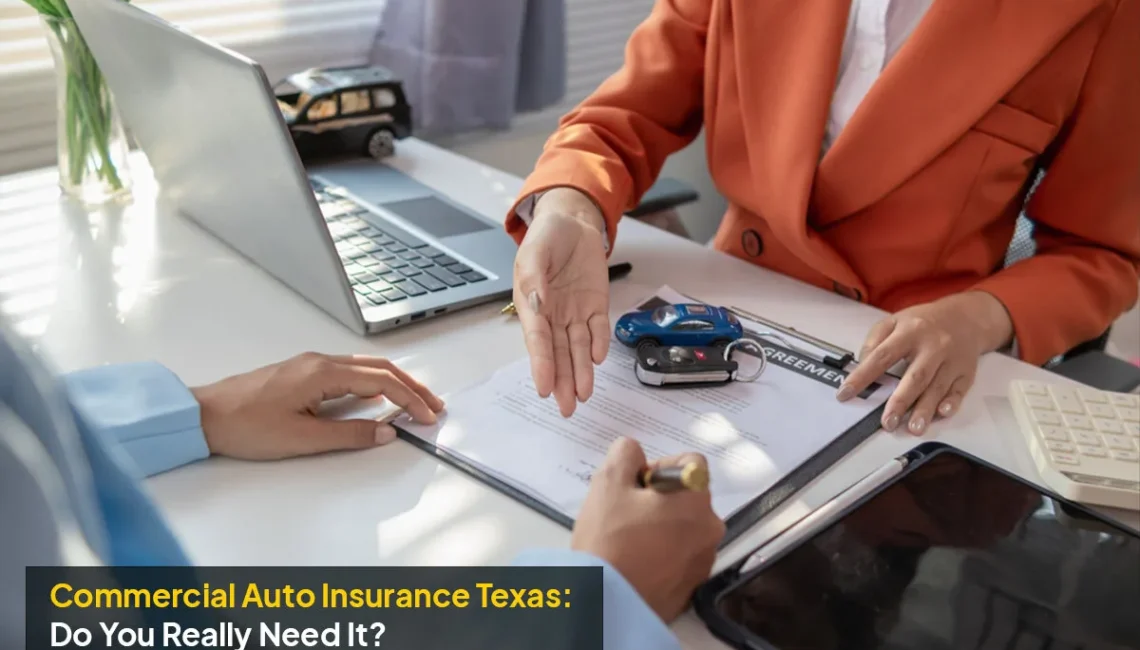 Commercial auto insurance Texas policy coverage illustrated with a professional work van parked near a local business.