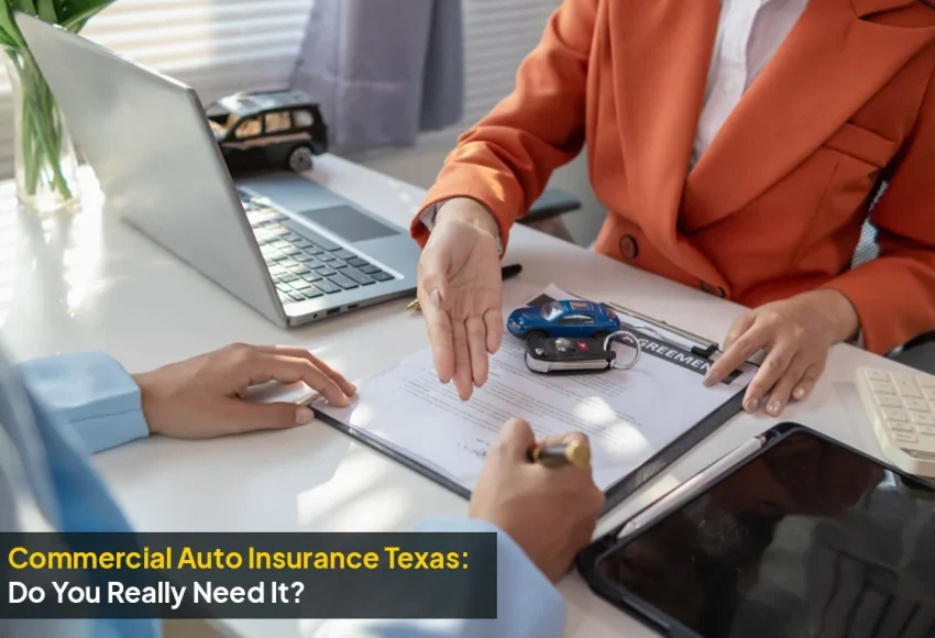 Commercial auto insurance Texas policy coverage illustrated with a professional work van parked near a local business.