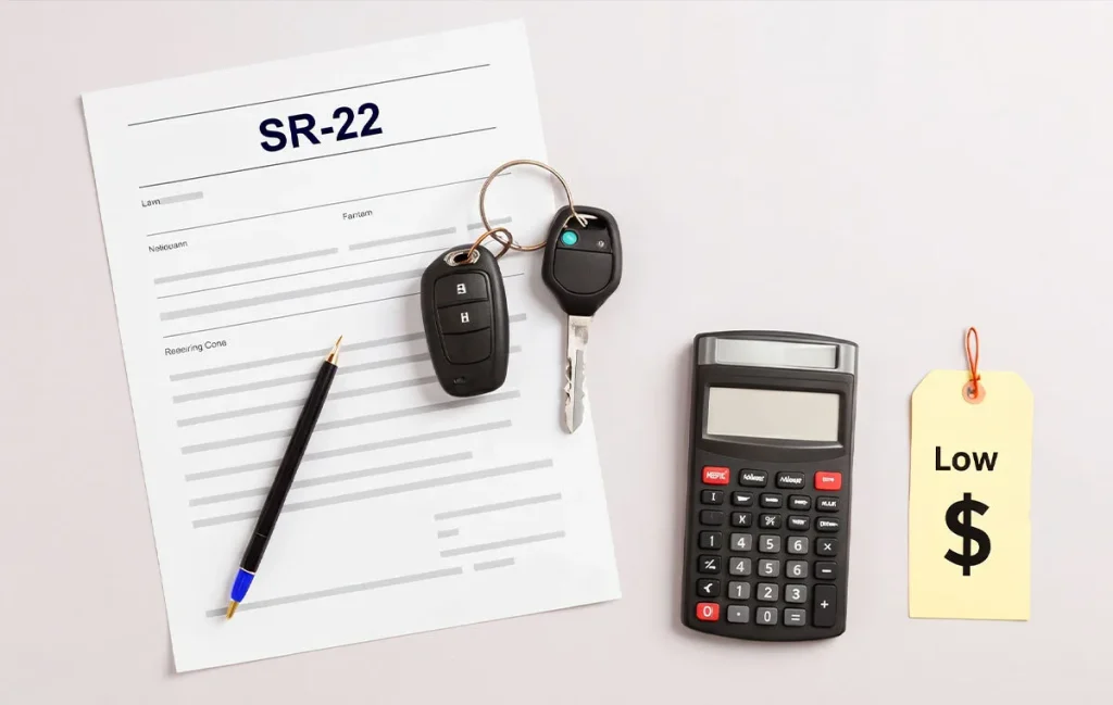 SR22 insurance near me paperwork with car keys and low rate calculator