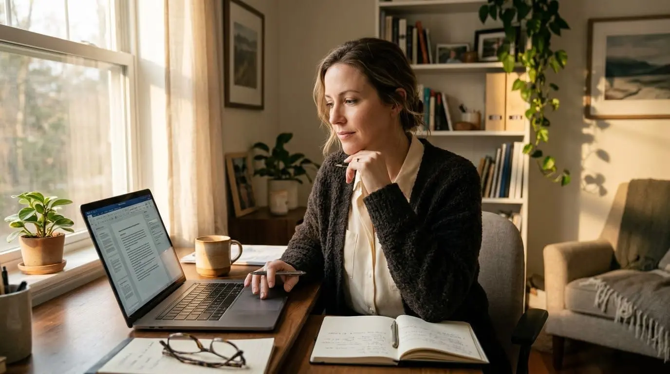 Customer reviewing documents and financial information on a laptop
