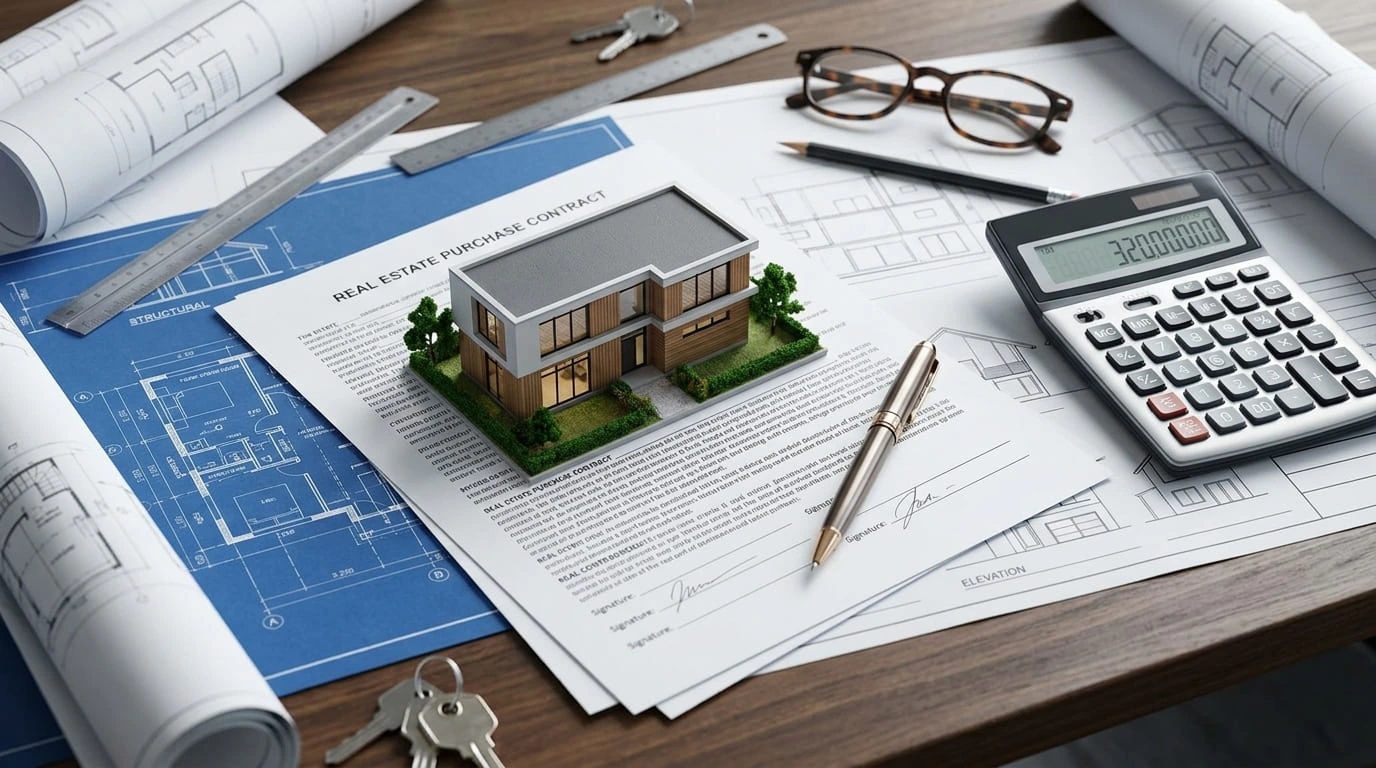 House model on property documents with architectural plans, representing clear insurance and property guidance