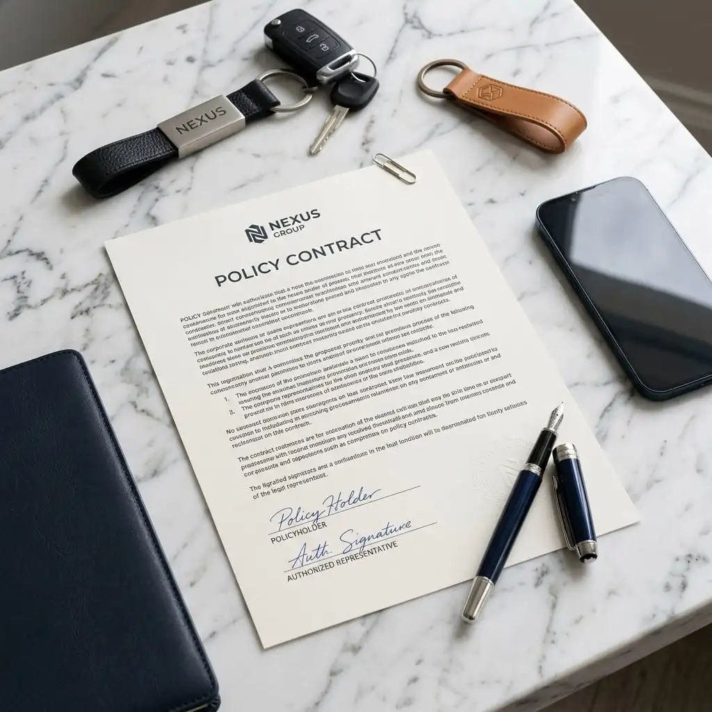 Insurance policy paperwork with vehicle keys
